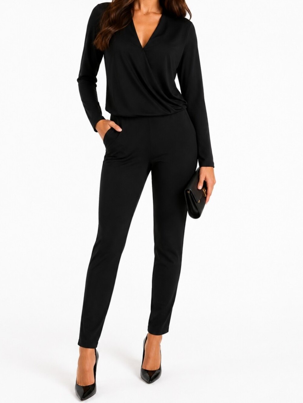 W118 by Walter Baker Black Lesley Jumpsuit S Stretch Wrap Long Sleeve Mobwife